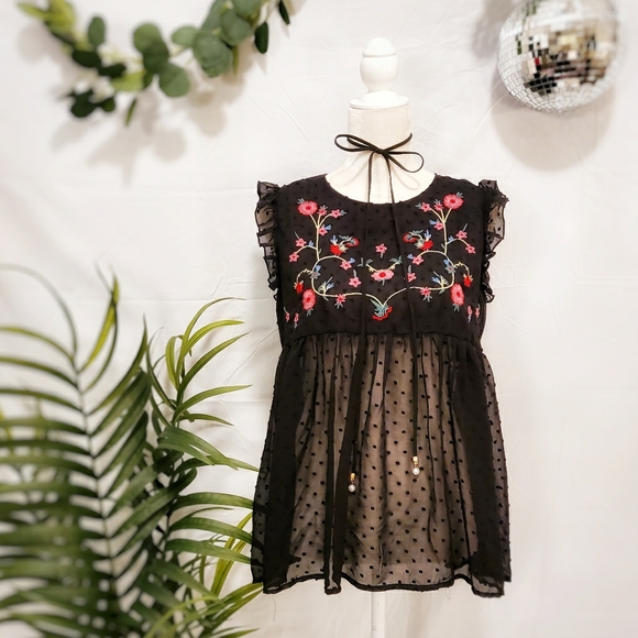 SHEIN Tops - Floral Embroidered Sheer Ruffle Top